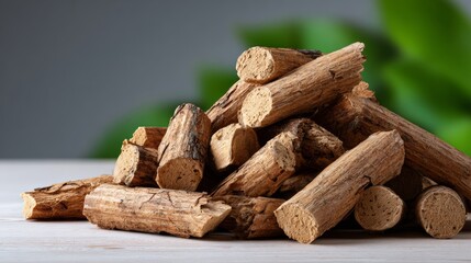 A pile of wood logs on a table. The pile is made up of many different sized logs, some of which are very large. The logs are stacked on top of each other, creating a sense of depth and dimension