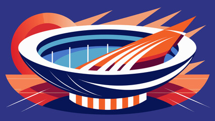 Futuristic stadium illustration with dynamic shapes and bold colors representing a Super Bowl event
