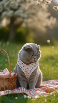 春の芝生で穏やかな喜びをまとうピクニック衣装の猫