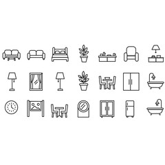 Home Furniture and Interior Line Icons Set – Bed, Sofa, Chair, Table, Lamp Vector Icons