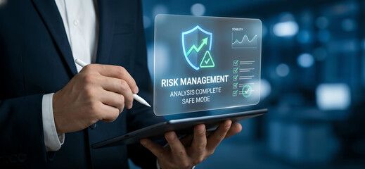 Business risk management assessment hologram on digital tablet