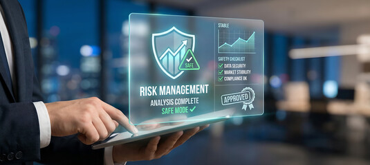 Business strategy risk assessment shield hologram on digital tablet