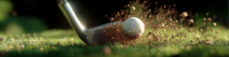 Extreme close-up of dynamic moment of a metal golf club hitting a white golf ball on a vibrant green grass field, grass and dirt flying into the air from the force of the swing. Generative Ai.