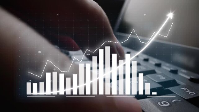 A close-up view of hands on a keyboard illustrates data analytics and financial growth. The overlay graph highlights upward trends for business strategy success. Copula