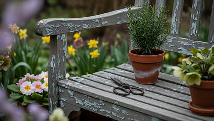 Garden bench holding scissors beside potted rosemary, tools placed after careful work, tools storytelling about maintenance and patience, tools scene ideal for gardening routine, outdoor