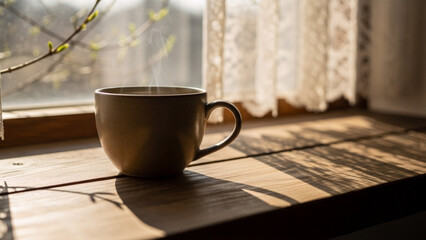 Coffee cup near window filled with warm sunlight and fresh air, spring mood expressed through gentle light and quiet pause, spring atmosphere perfect for renewal themes, lifestyle transitions, calm