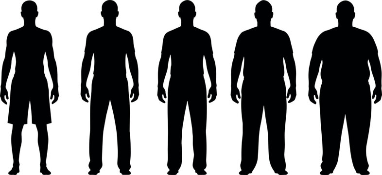 Male body silhouette vector set showing different body types and physiques standing front view isolated on white background for fitness, anatomy, and character design