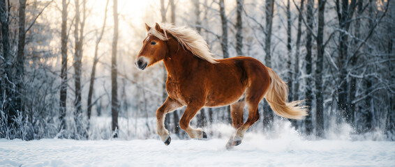 Horse gallops through winter forest