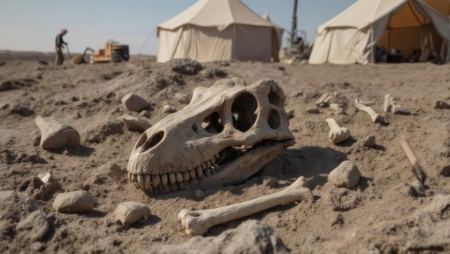 Dinosaur skull fossil dig site. Paleontologists work amid tents