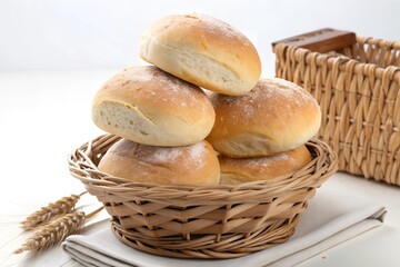 Freshly baked crusty bread rolls artfully stacked in a rustic woven basket for a delightful breakfast