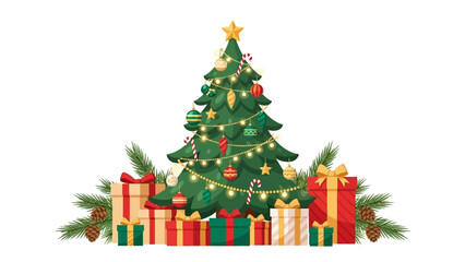 Decorated christmas tree with gifts and ornaments on a white background