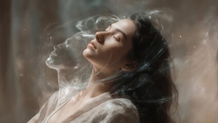 Woman reclined, ethereal faces in smoke