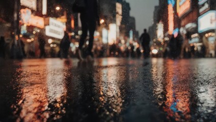City street at night, rain.  Blurred figures walking amidst bright, reflective, wet pavement