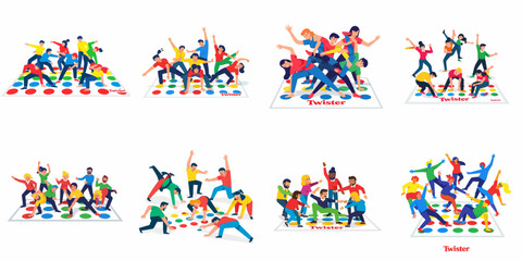 Dynamic group illustrations of people playing the Twister game, showing complex, fun, and tangled poses during social gatherings or parties.