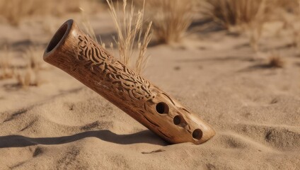 Carved wooden flute rests on sandy desert