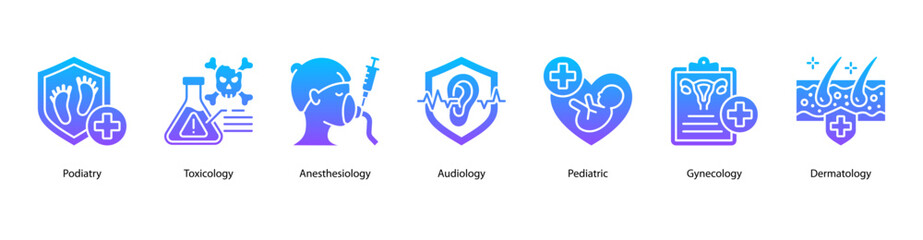 Clinical Specialties web banner illustration featuring Podiatry, Toxicology, Anesthesiology, Audiology, Pediatric, Gynecology, and Dermatology.