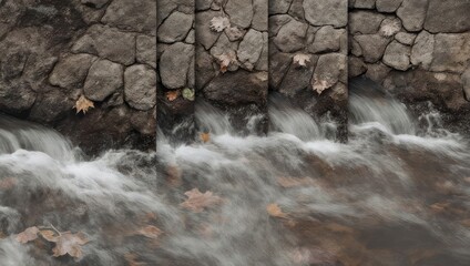Water cascading over a stone wall, autumn leaves