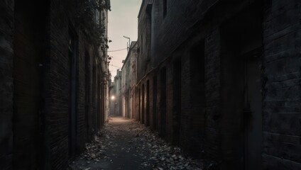 Narrow alleyway at dawn,  dark and aged buildings