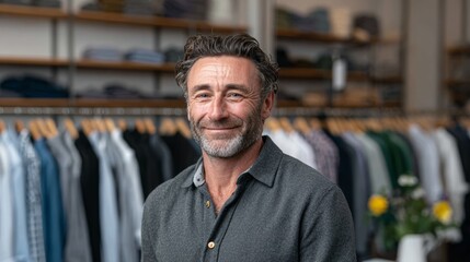 Obraz premium A man is smiling in front of a rack of clothes. The man is wearing a gray shirt and he is happy