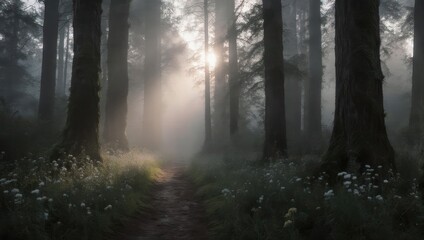 Misty forest path bathed in sunlight