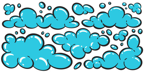 Blue soap foam with bubbles. Bath suds vector illustration isolated on white background. Abstract funky playful design elements. Colorful shampoo clouds