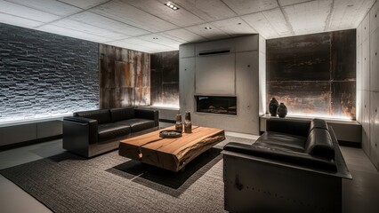 Obraz premium Modern industrial living room with sleek concrete walls and leather sofas