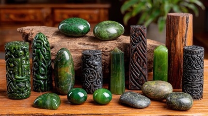 Jade and other greenstone carvings and polished stones sit on a wooden surface, presenting a collection of artistic and natural stone specimens