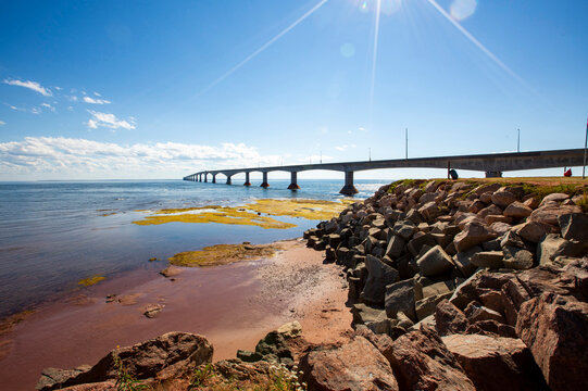 View of the Confederation Bridge From the Prince Edward Island Shore on a Sunny Day