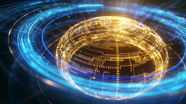 Abstract visualization of a double-layered encryption barrier. Inner layer: complex, slow-moving gold code. Outer layer: fast, luminous blue lines. Symbolizes multi-factor protection.