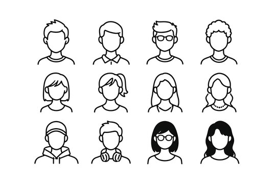 Young men and women avatars icon set.Editable line icons. on white vector illustration.