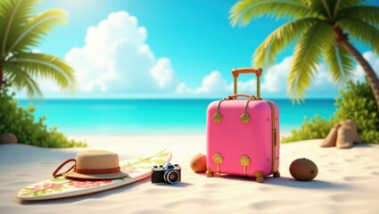 Fototapeta premium pink suitcase, vintage camera, surfboard and coconuts on a tropical beach