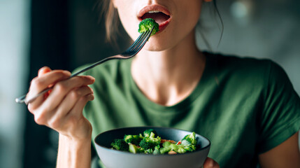 Radiant smile complements a vibrant salad, showcasing health and wellness through mindful nourishment.