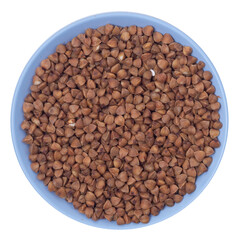 Isolated blue bowl with buckwheat groats on a white background	