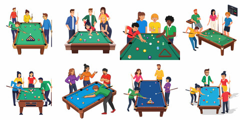 Fototapeta premium Friends playing pool game set. People having fun together, enjoying competitive billiards or snooker in bars and leisure clubs.