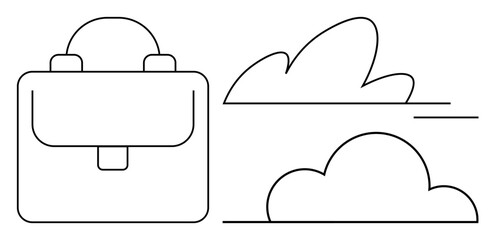 Business solutions, technology, digital storage, cloud computing, data management, corporate tools. Outline of a briefcase and two clouds. Business solutions and technology concept