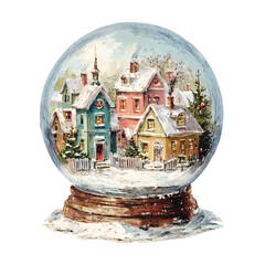 Snowball Winter village in a glass globe,  vintage illustration isolated on white background