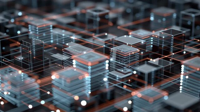 A computer chip is shown in a close up. Enterprise security architecture for data privacy, interconnected secure nodes within layered design, professional tech editorial