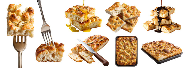 Set of Focaccia, Italian classic flatbread leavened oven-baked bun bread flat, with olive oil, Balsamic Vinegar, fork knife, baking pan, pile stack bitten broken, transparent cutout PNG. Mockup