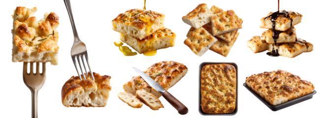 Set of Focaccia, Italian classic flatbread leavened oven-baked bun bread flat, with olive oil, Balsamic Vinegar, fork knife, baking pan, pile stack bitten broken, transparent cutout PNG. Mockup