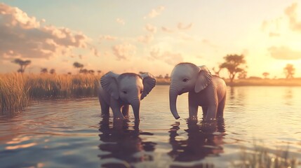 Obraz premium Two baby elephants wading in shallow water at sunset Photo