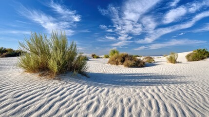 White Sand Dunes Under Blue Sky with Sparse Green Desert Shrubbery and Textured Sand Ripples.