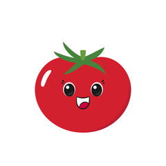 Smiling cute tomato, fun cartoon character, ripe red vegetable, happy face, emotions joy delight, big eyes, kawaii style, ketchup symbol, flat vector illustration.