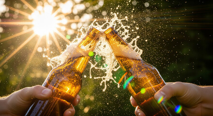 Friends clinking beer bottles at sunset happy hour with copy space for party