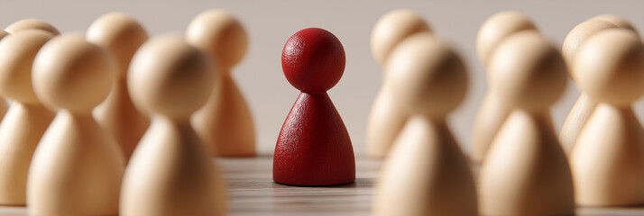 A symbolic image of leadership and teamwork showing a close-up of a red wooden pawn (wooden figure), surrounded by natural wooden pawns in a circle, on a wooden table. Generative Ai.