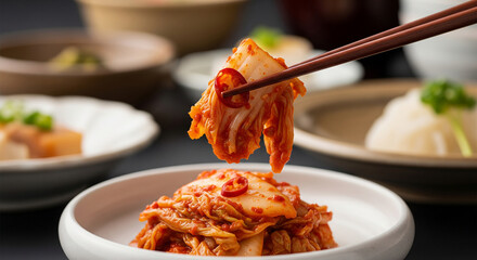 Close up of chopsticks holding spicy cabbage kimchi for healthy food