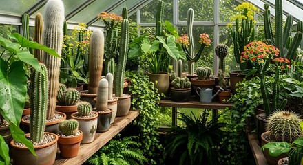 A vibrant greenhouse filled with a diverse collection of cacti and other lush greenery, bathed in natural light