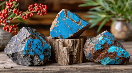 Raw turquoise specimens are displayed on a weathered wooden board, showcasing their intricate matrix patterns and vibrant blue mineral color