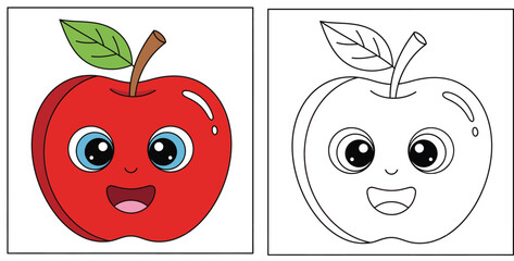 Cute apple cartoon character. Coloring book page for kids. Vector illustration of red fruit with face. Color and outline version isolated on white background.