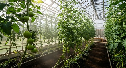 A vibrant greenhouse showcases rows of tomato plants with green fruit, basking in soft sunlight. Structure features transparent roof