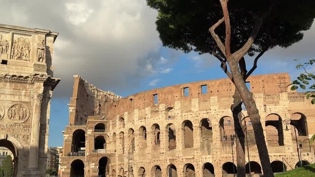 Rome Italy view of the Arch of Constantine and colosseum coliseum.